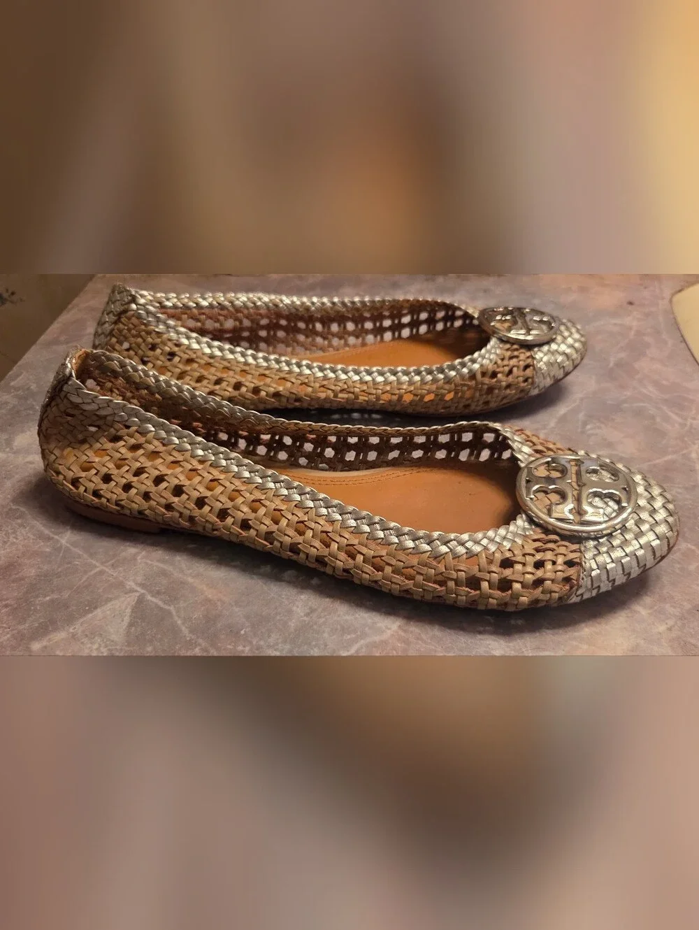 Tory Burch Silver & Tan Woven Ballet Flats